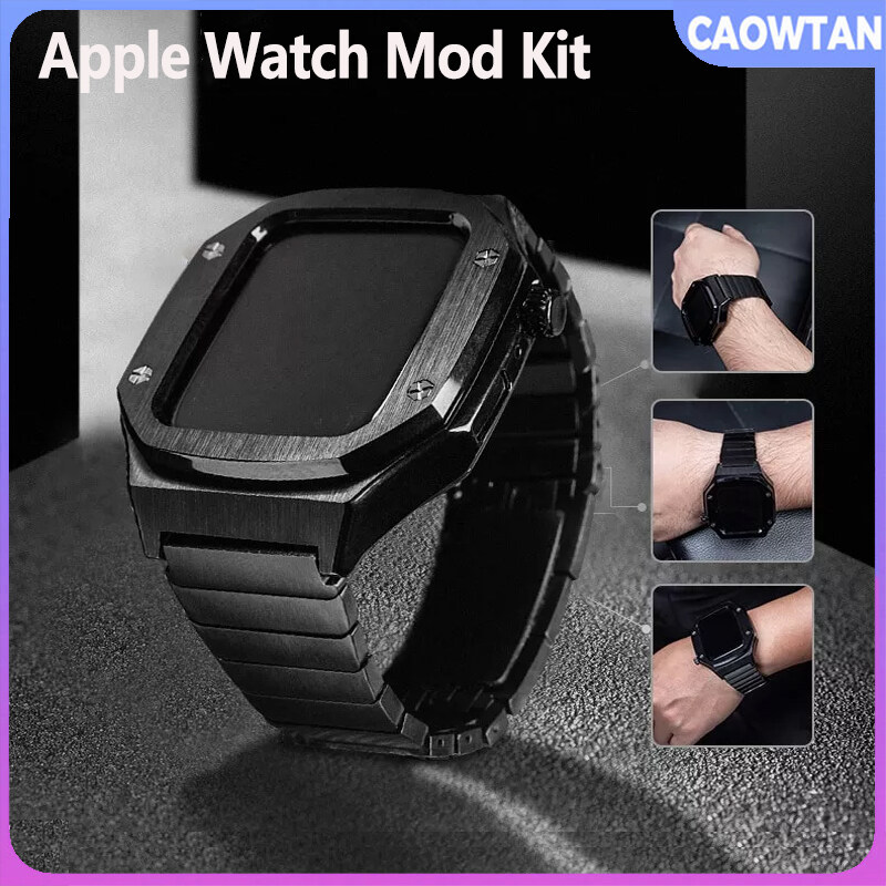 45Mm 44Mm Stainless Steel Metal Case + Strap For Apple Watch 8 7 Leather Band For I watch Series 6 se 5 4 Modification kit