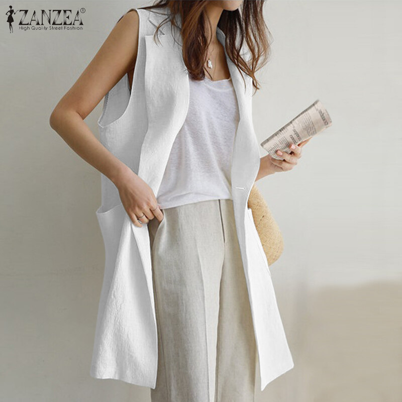 ZANZEA Women Sleeveless Pure Cotton Blazer Suits Plain Basic Button Casual Waistcoat