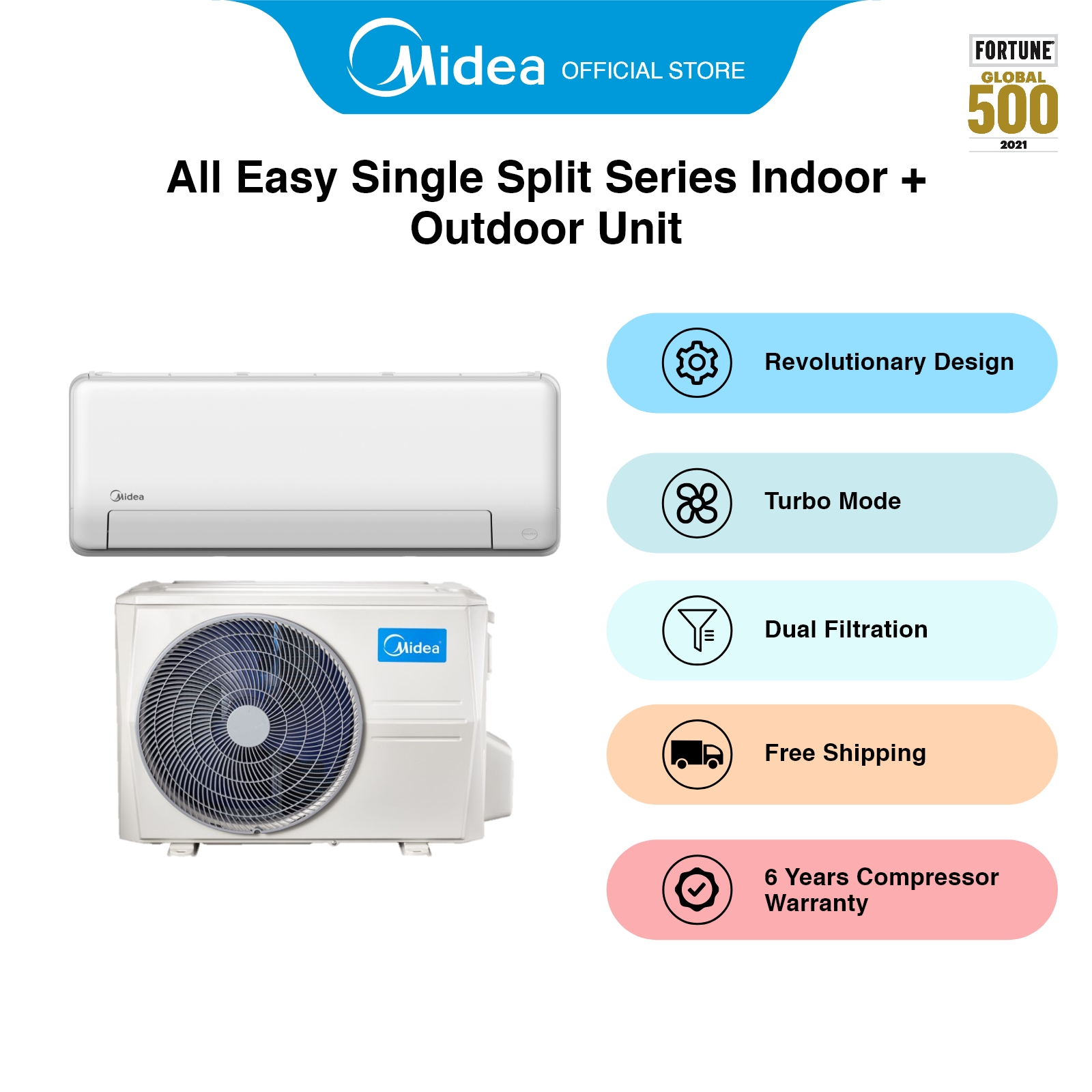 [Bulky] [System 1] Midea MSEID-09(S) + MSEOD-09 All Easy Single Split Series Indoor + Outdoor Unit, Energy Rating 4 Ticks