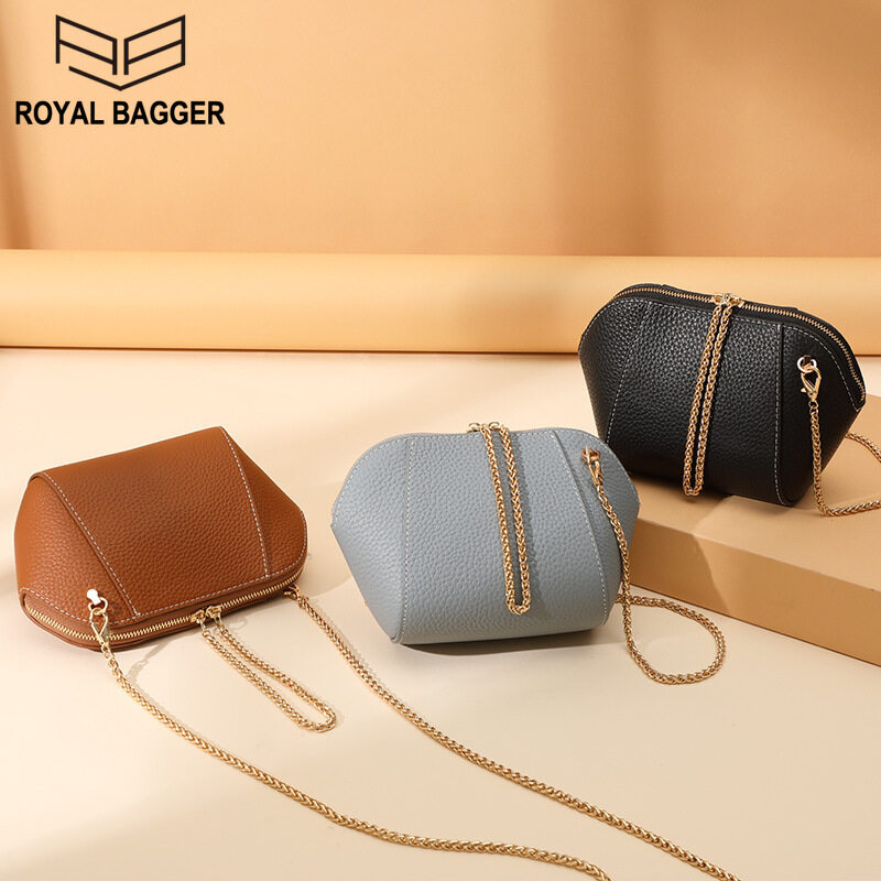 Royal Bagger New Small Shoulder Bag For Women Genuine Cow Leather Fashion Elegant Mini Ladies Crossbody Chain Phone Bag